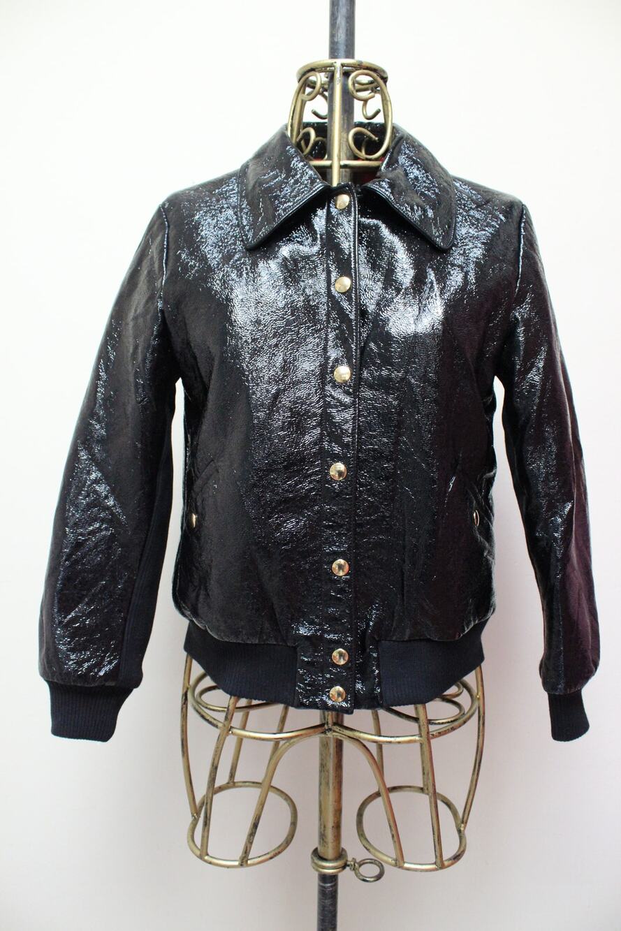 Alexa Chung Black Faux Patent Crinkled Leather Bomber Jacket Size UK 10/US 6